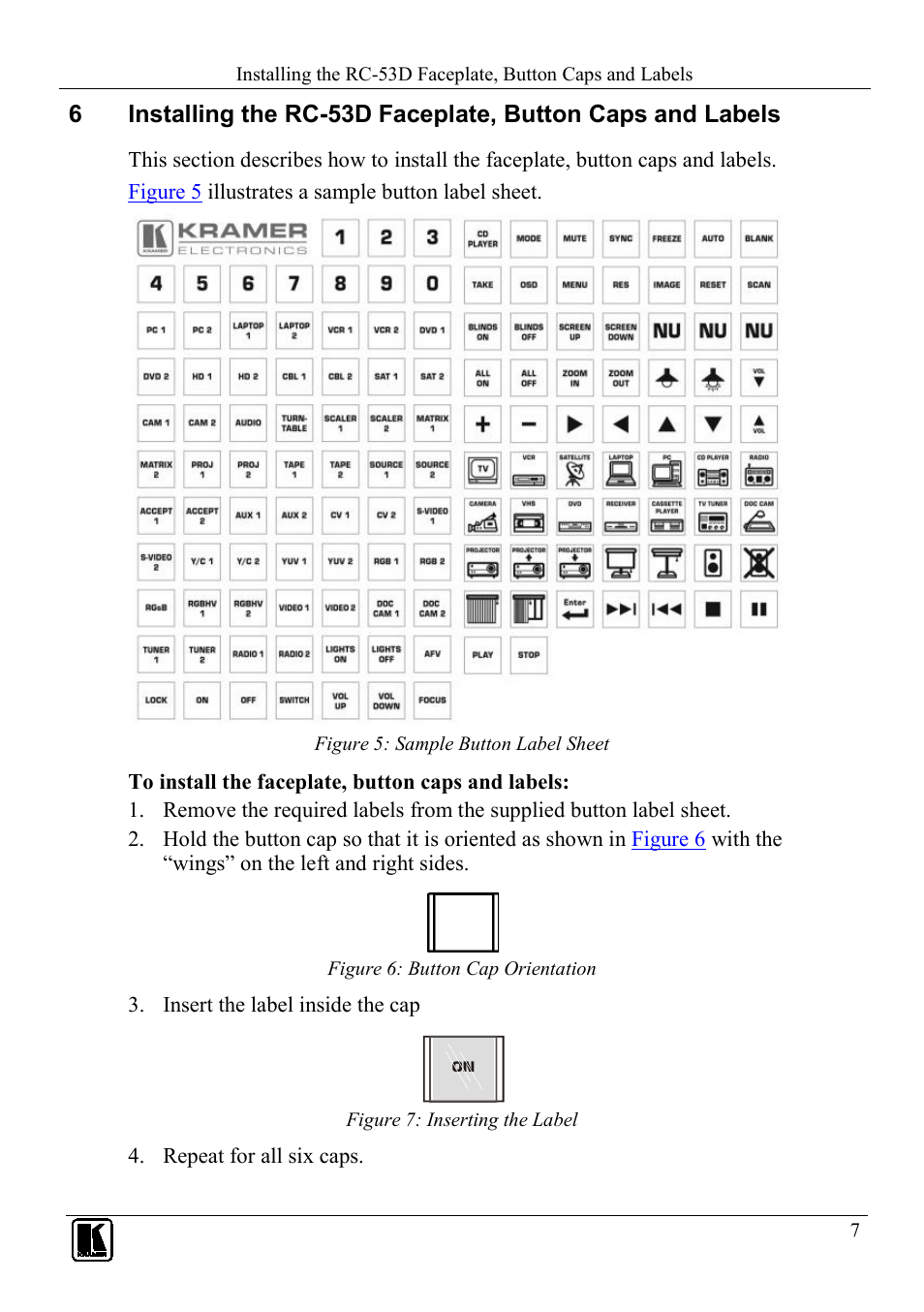 Figure 5: sample button label sheet, Figure 6: button cap orientation, Figure 7: inserting the label | Kramer Electronics RC-53D User Manual | Page 10 / 15