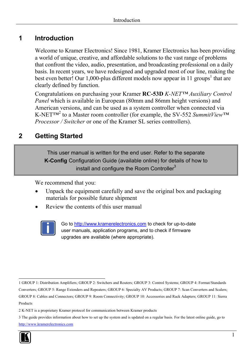 1 introduction, 2 getting started, Introduction | Getting started, 1introduction, 2getting started | Kramer Electronics RC-53D User Manual | Page 4 / 15