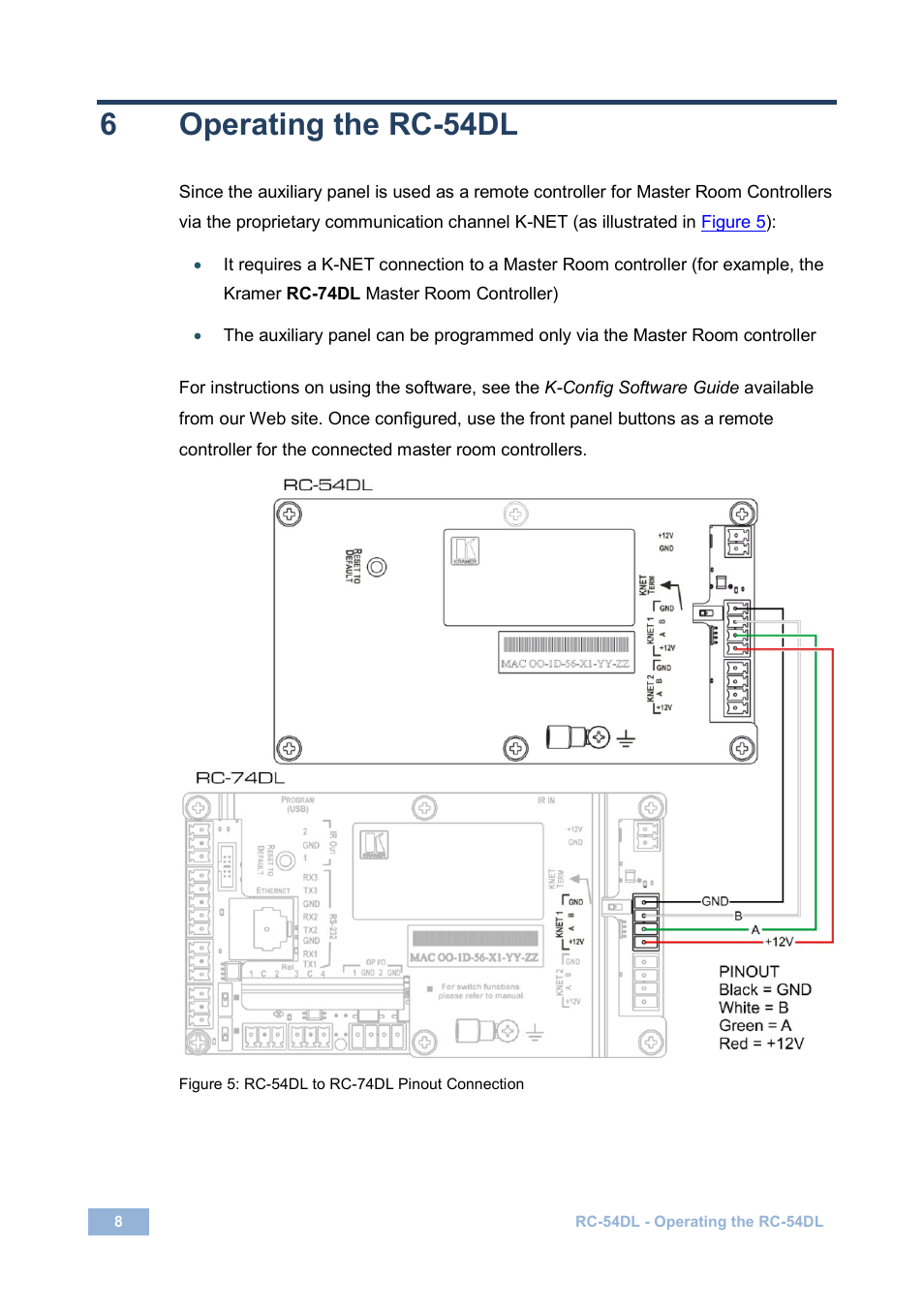 6 operating the rc-54dl, Operating the rc-54dl, Figure 5: rc-54dl to rc-74dl pinout connection | 6operating the rc-54dl | Kramer Electronics RC-54DL User Manual | Page 10 / 18