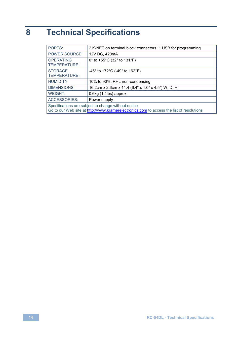 8 technical specifications, Technical specifications, 8technical specifications | Kramer Electronics RC-54DL User Manual | Page 16 / 18