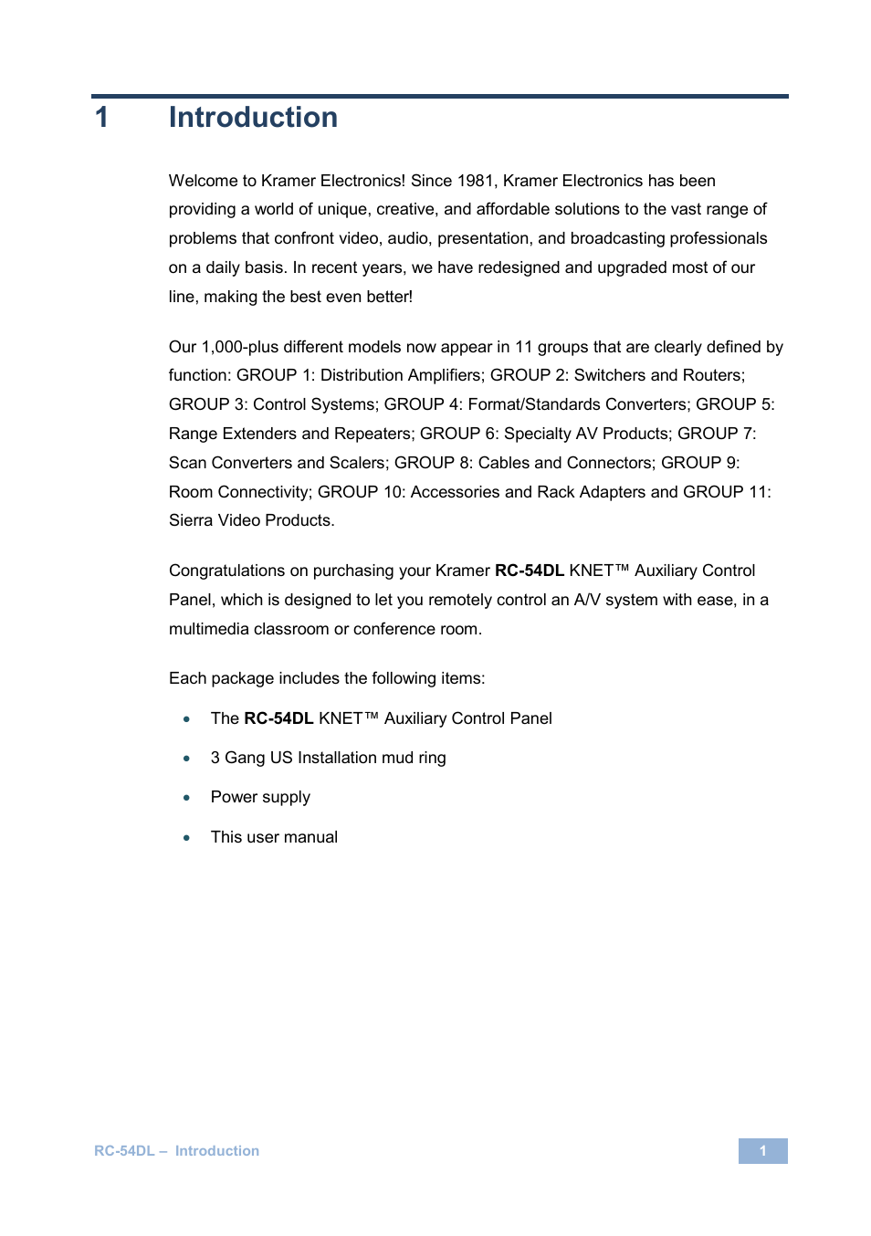 1 introduction, Introduction, 1introduction | Kramer Electronics RC-54DL User Manual | Page 3 / 18