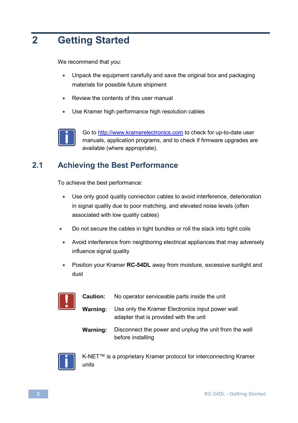 2 getting started, 1 achieving the best performance, Getting started | Achieving the best performance, I! i, 2getting started | Kramer Electronics RC-54DL User Manual | Page 4 / 18