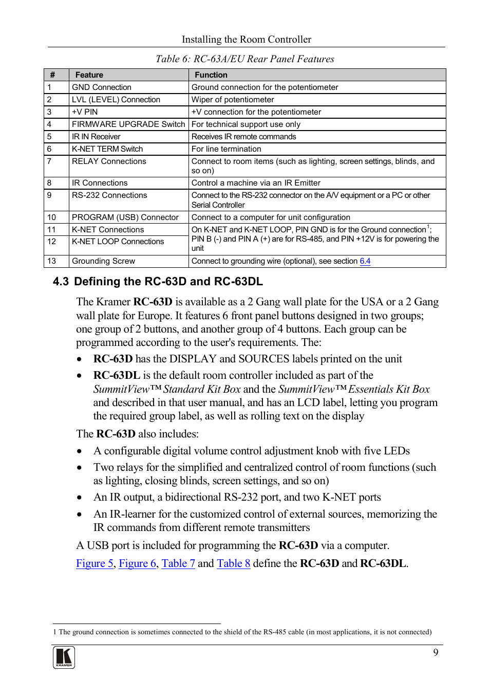 3 defining the rc-63d and rc-63dl, Defining the rc-63d and rc-63dl, Table 6: rc-63a/eu rear panel features | Table 6 | Kramer Electronics RC-63DL User Manual | Page 13 / 26