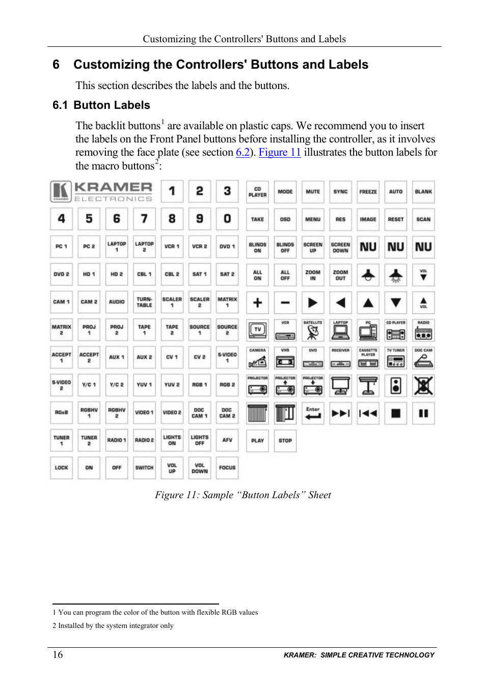 6 customizing the controllers' buttons and labels, 1 button labels, Customizing the controllers' buttons and labels | Button labels, Figure 11: sample “button labels” sheet | Kramer Electronics RC-63DL User Manual | Page 20 / 26