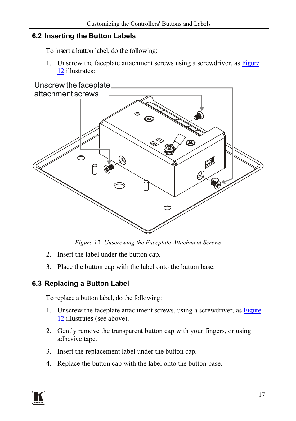 2 inserting the button labels, 3 replacing a button label, Inserting the button labels | Replacing a button label | Kramer Electronics RC-63DL User Manual | Page 21 / 26