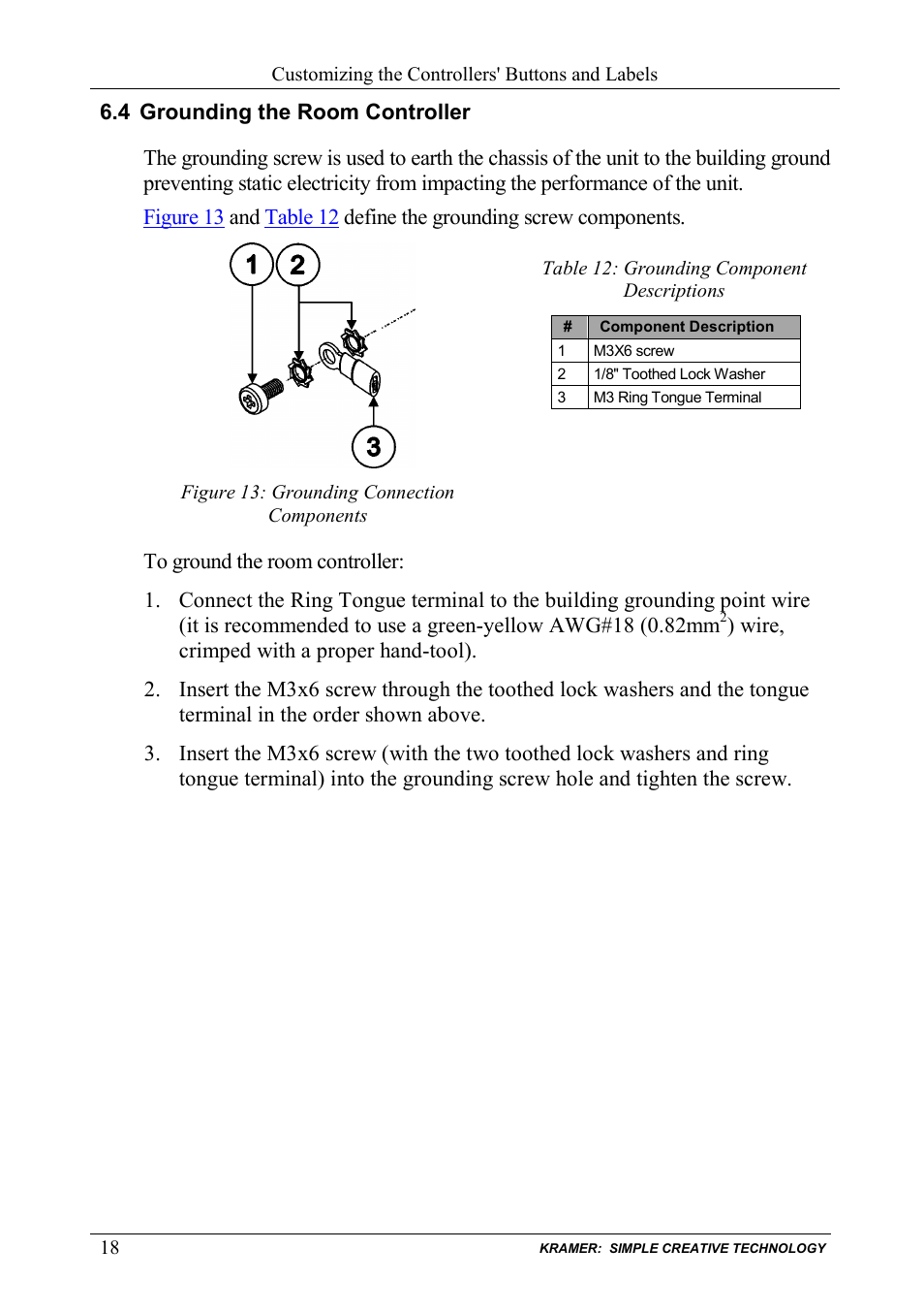 4 grounding the room controller, Grounding the room controller, Figure 13: grounding connection components | Table 12: grounding component descriptions | Kramer Electronics RC-63DL User Manual | Page 22 / 26