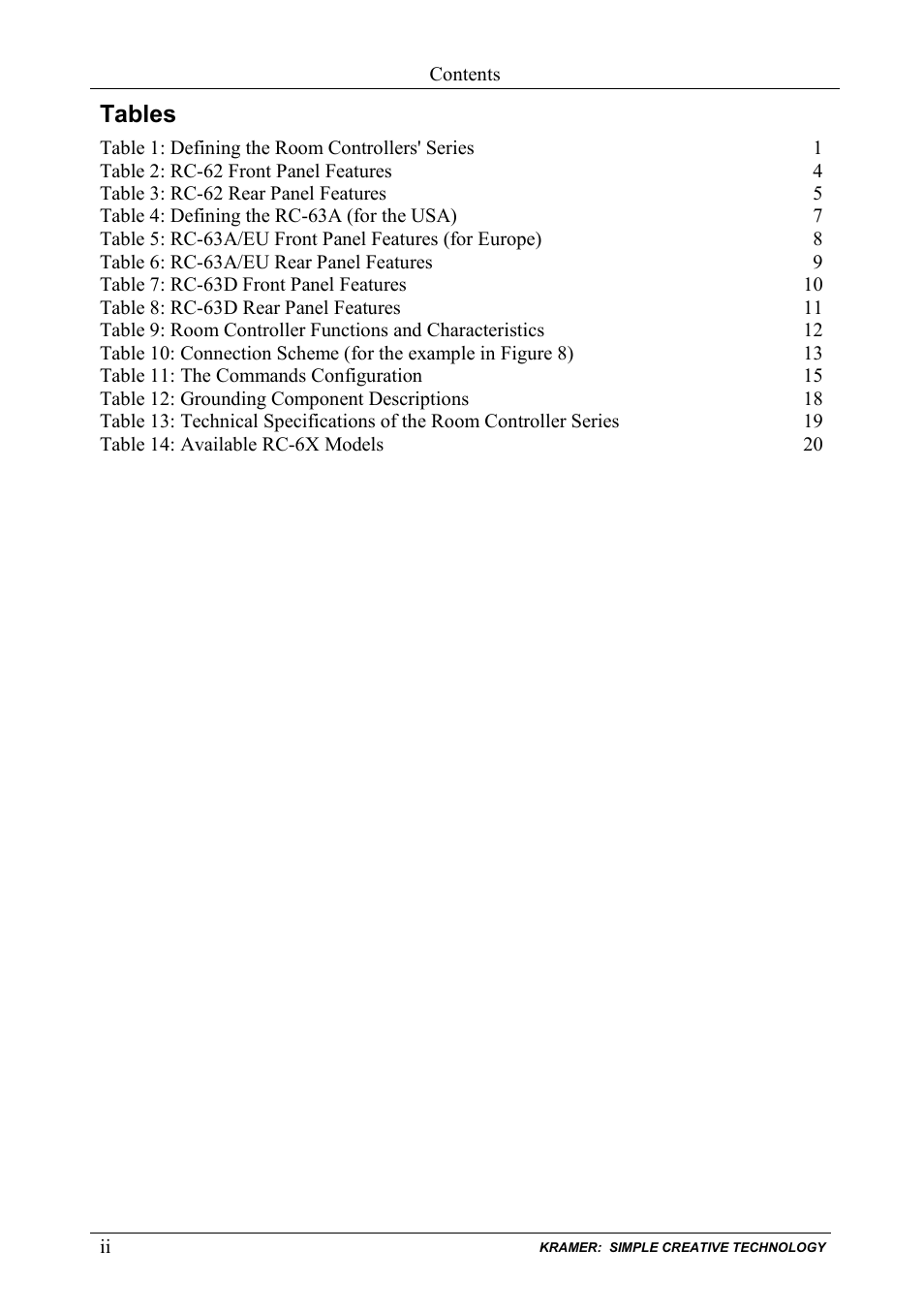 Tables | Kramer Electronics RC-63DL User Manual | Page 3 / 26