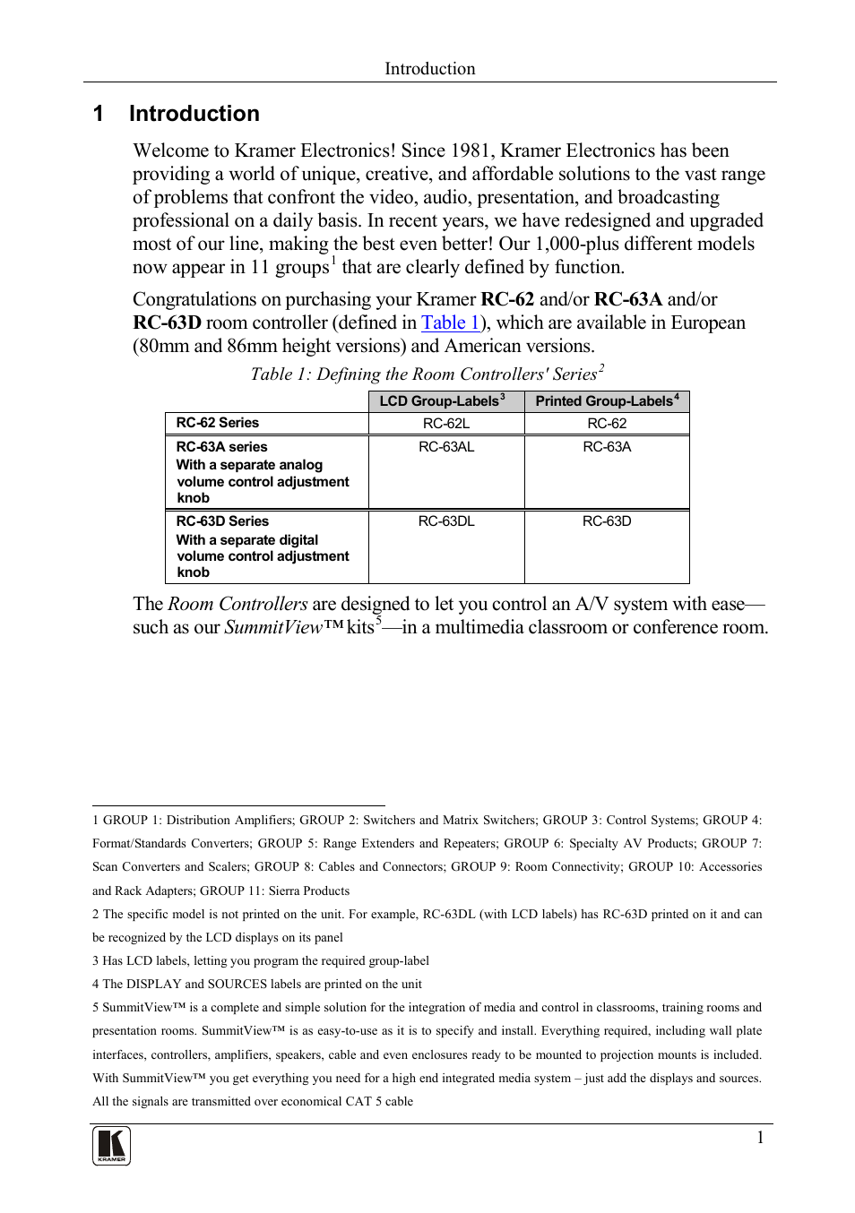 1 introduction, Introduction, Table 1: defining the room controllers' series | Kramer Electronics RC-63DL User Manual | Page 5 / 26