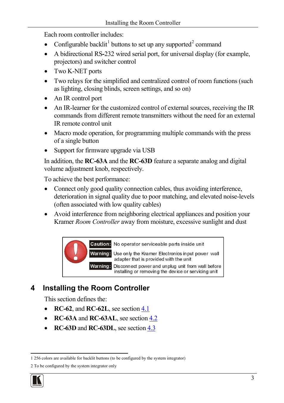 4 installing the room controller, Installing the room controller | Kramer Electronics RC-63DL User Manual | Page 7 / 26