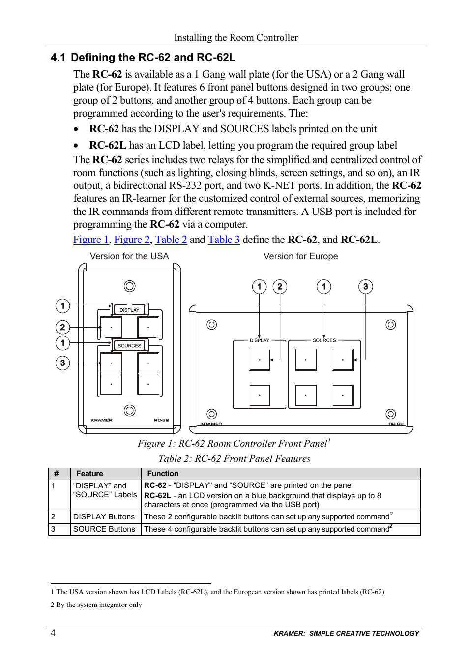 1 defining the rc-62 and rc-62l, Defining the rc-62 and rc-62l, Figure 1: rc-62 room controller front panel | Table 2: rc-62 front panel features | Kramer Electronics RC-63DL User Manual | Page 8 / 26