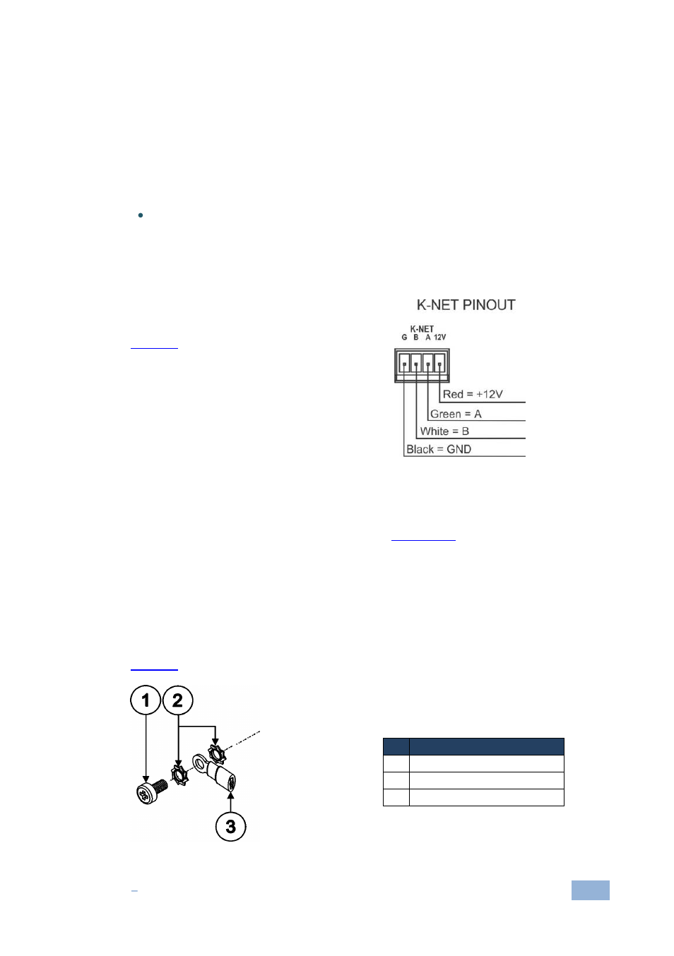 1 connecting rs-232 devices, 2 connecting the k-net port, 3 grounding the rc-63dln | Connecting rs-232 devices, Connecting the k-net port, Grounding the rc-63dln, Figure 6: k-net pinout connection, Figure 7: grounding connection components | Kramer Electronics RC-63DLN User Manual | Page 14 / 24