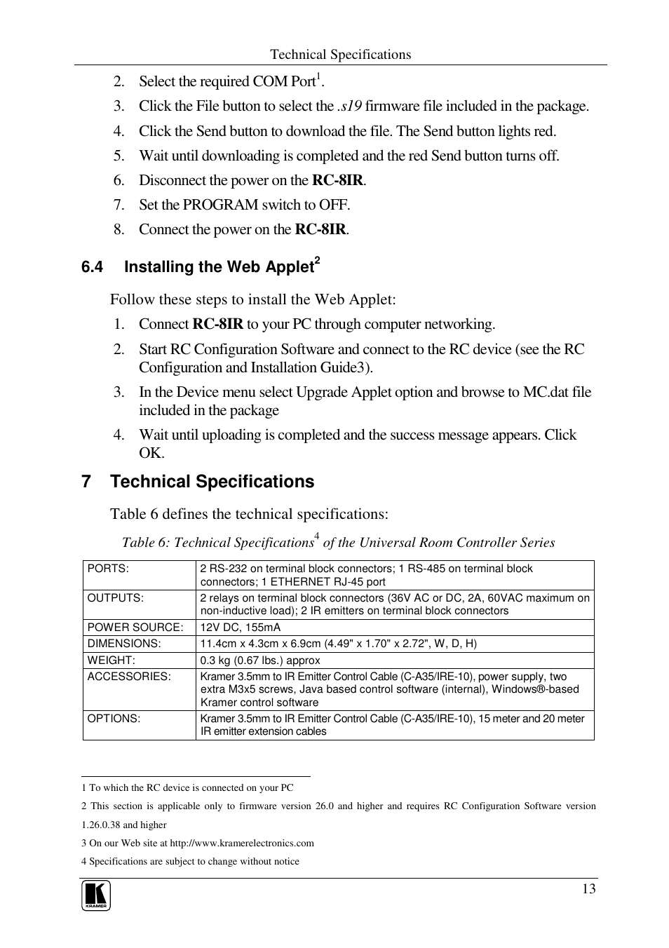7 technical specifications, Select the required com port, Table 6 defines the technical specifications | Kramer Electronics RC-8iR User Manual | Page 15 / 17