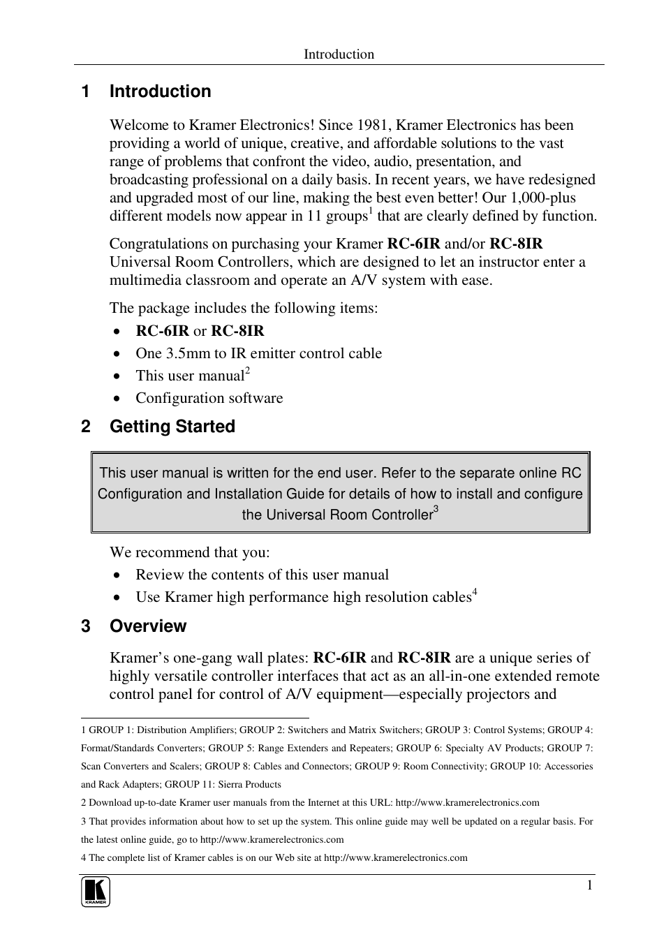 1 introduction, 2 getting started, 3 overview | Kramer Electronics RC-8iR User Manual | Page 3 / 17