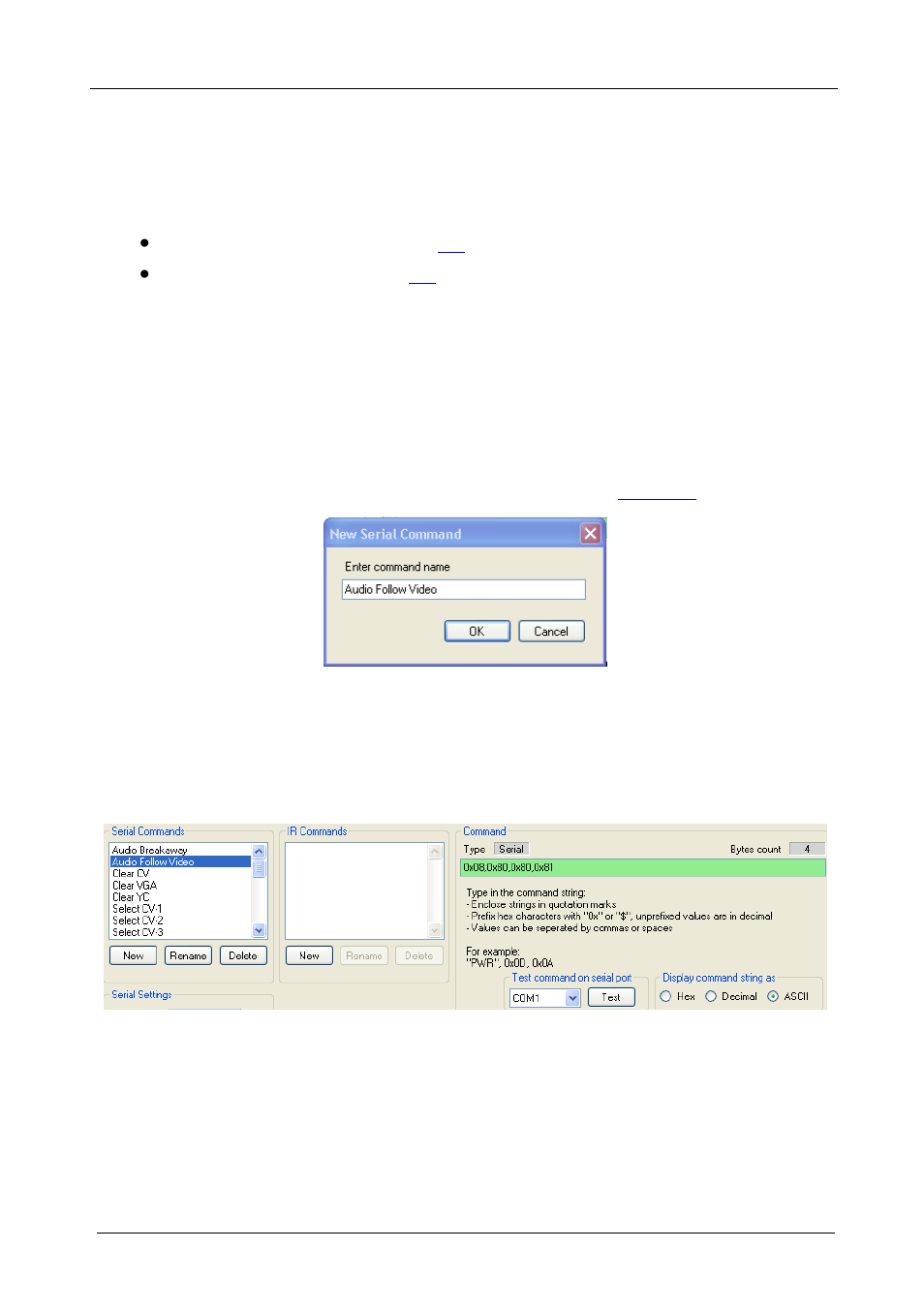 7 creating a driver command, 1 creating a serial command, Creating a driver command | Creating a serial command, Figure 12: new serial command window, Figure 13: writing the serial commands, Ee section | Kramer Electronics RC-8iR User Manual | Page 20 / 54