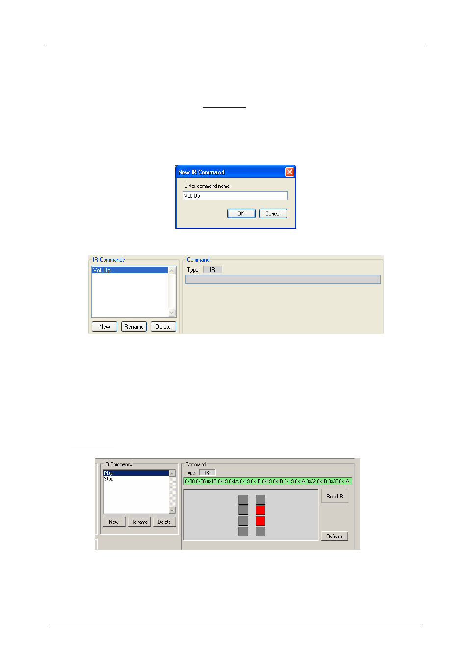 Read the ir commands from the rc device to the pc, Figure 15: new ir command window, Figure 16: creating the ir commands | Figure 17: the ir command area | Kramer Electronics RC-8iR User Manual | Page 24 / 54