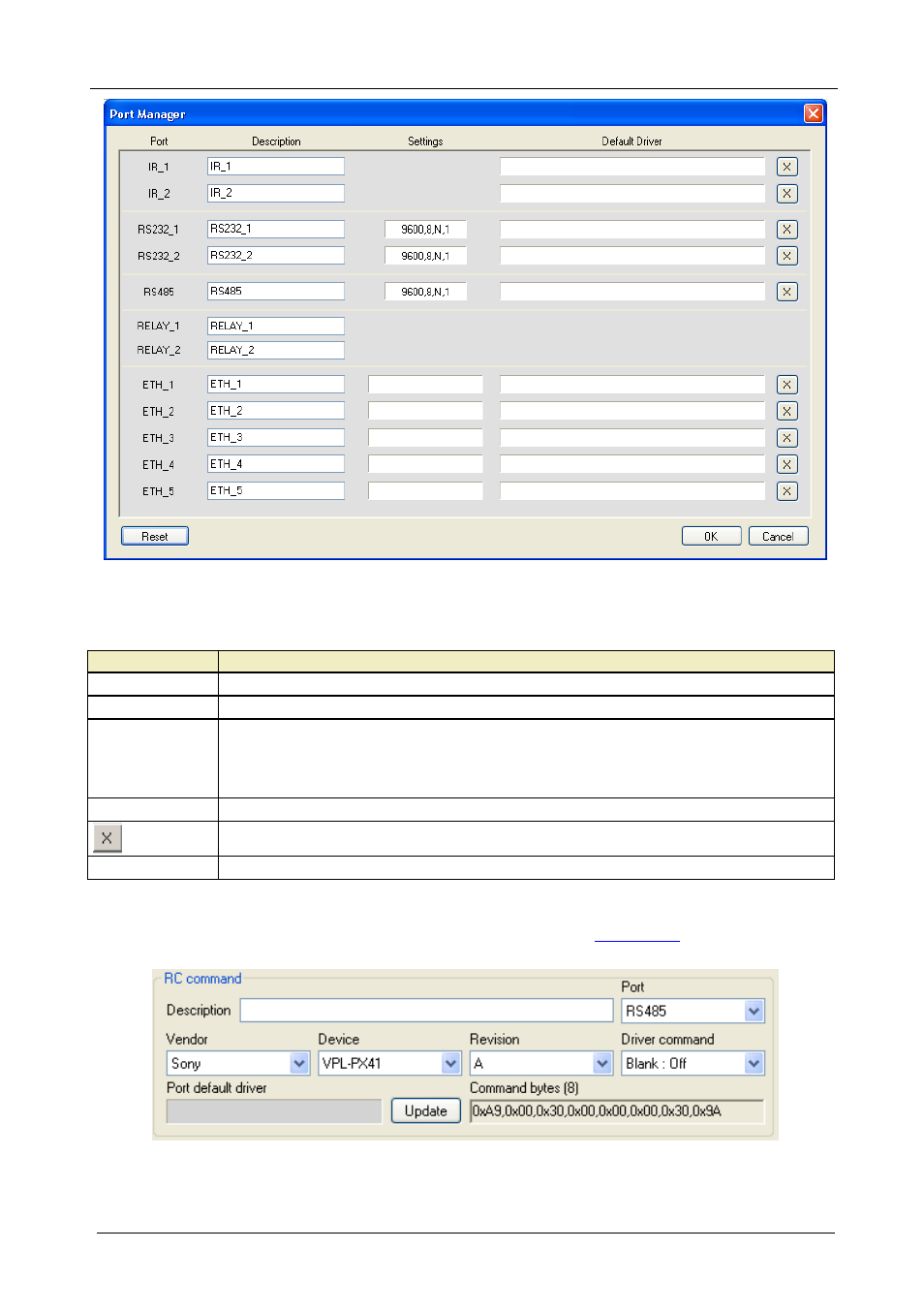 Figure 19: the port manager window, Figure 20: setting the default driver, Table 4: the port manager window features | Figure 19 | Kramer Electronics RC-8iR User Manual | Page 26 / 54
