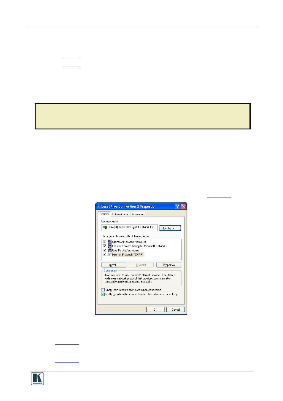 3 connecting via the ethernet, Connecting via the ethernet, Figure 37: local area connection properties window | Kramer Electronics RC-8iR User Manual | Page 41 / 54