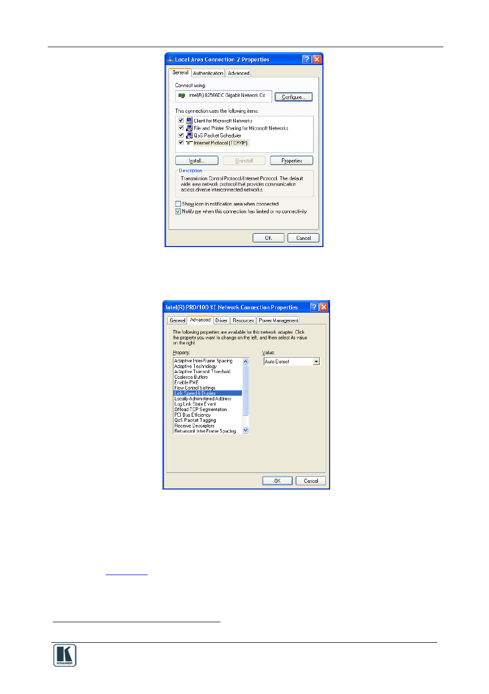 Figure 39: local area connection properties window, Figure 40: the advanced tab | Kramer Electronics RC-8iR User Manual | Page 43 / 54