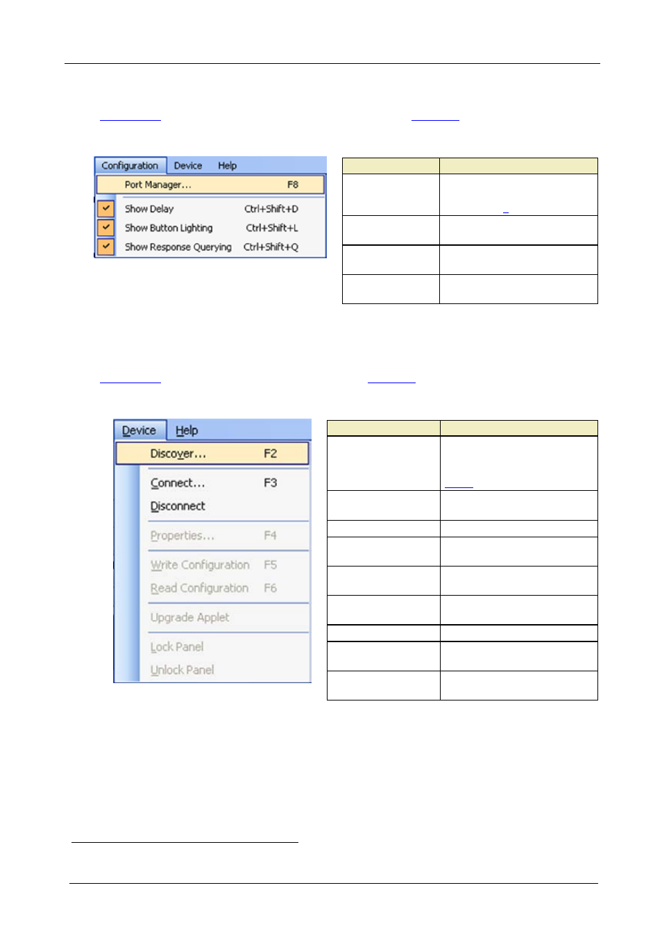 3 the configuration menu, 4 the device menu, The configuration menu | The device menu, Figure 44: the configuration menu, Figure 45: the device menu, Table 8: configuration menu features, Table 9: device menu features, Section, The kramer rc configuration menus | Kramer Electronics RC-8iR User Manual | Page 46 / 54