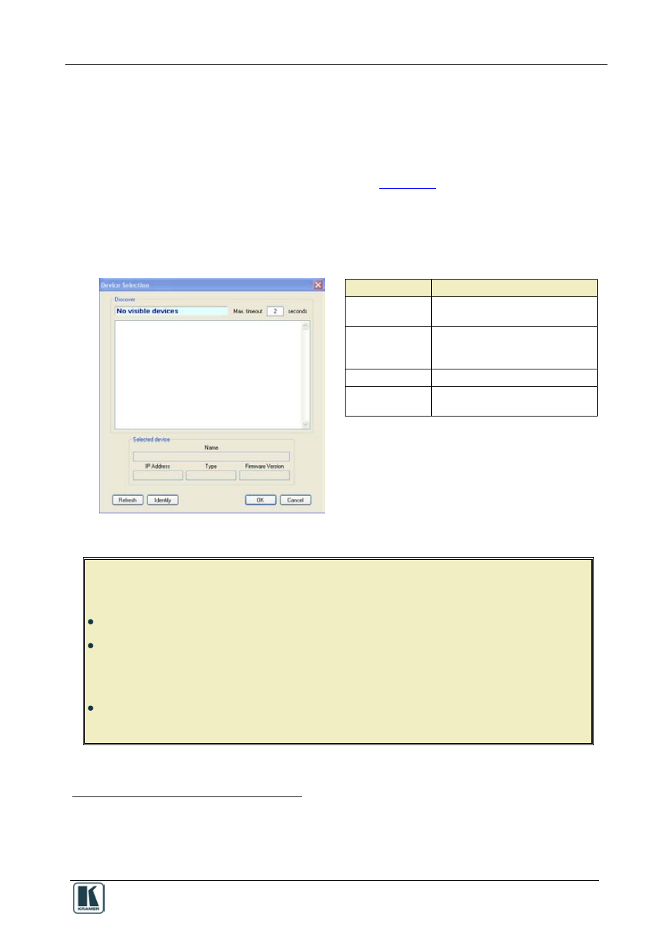1 the discover command, The discover command, Figure 46: device selection dialog box | Table 10: device selection dialog box | Kramer Electronics RC-8iR User Manual | Page 47 / 54