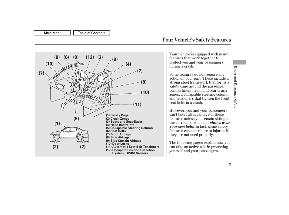 Your vehicle’s safety features | Acura 2011 TL User Manual | Page 10 / 614