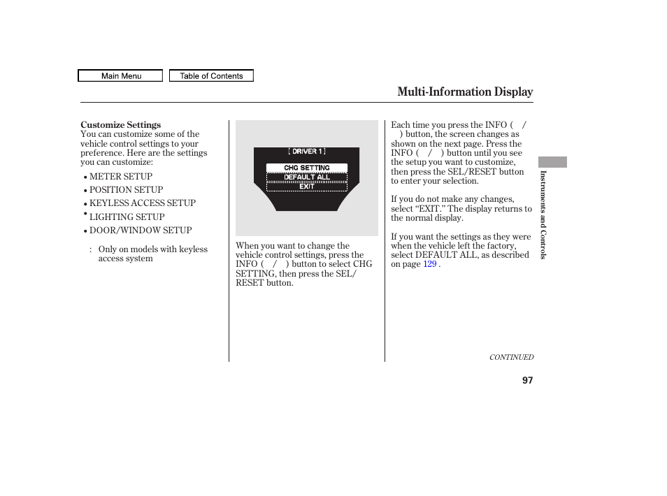 Multi-information display | Acura 2011 TL User Manual | Page 100 / 614