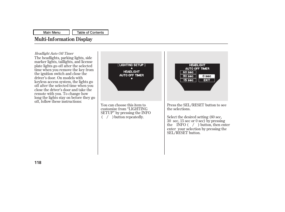 Multi-information display | Acura 2011 TL User Manual | Page 121 / 614