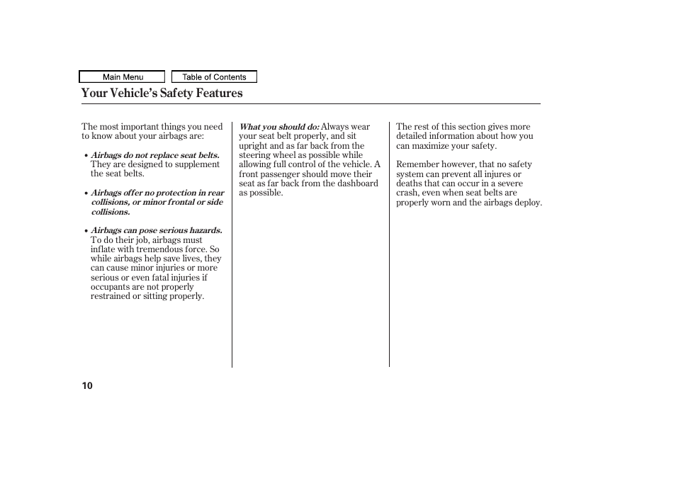 Your vehicle’s safety features | Acura 2011 TL User Manual | Page 13 / 614