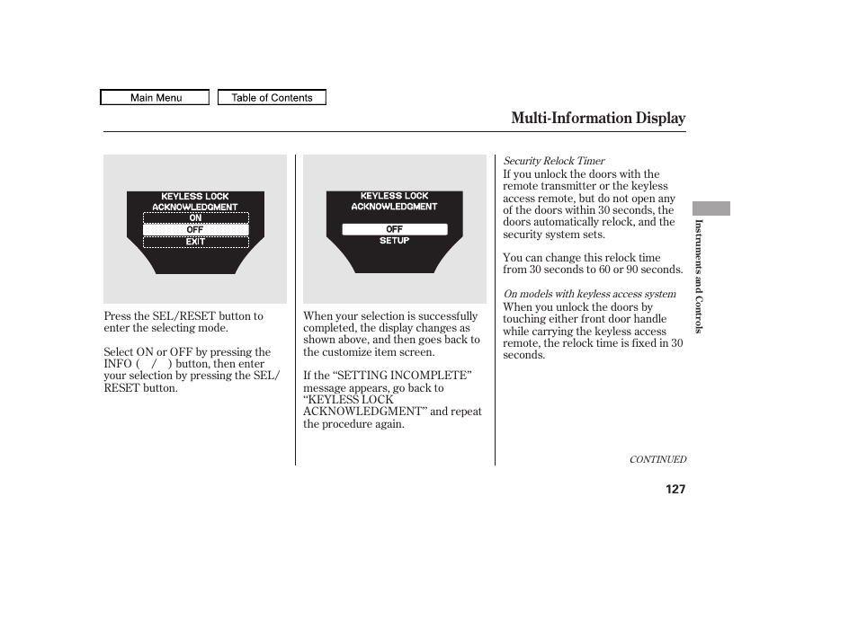 Multi-information display, 2011 tl | Acura 2011 TL User Manual | Page 130 / 614