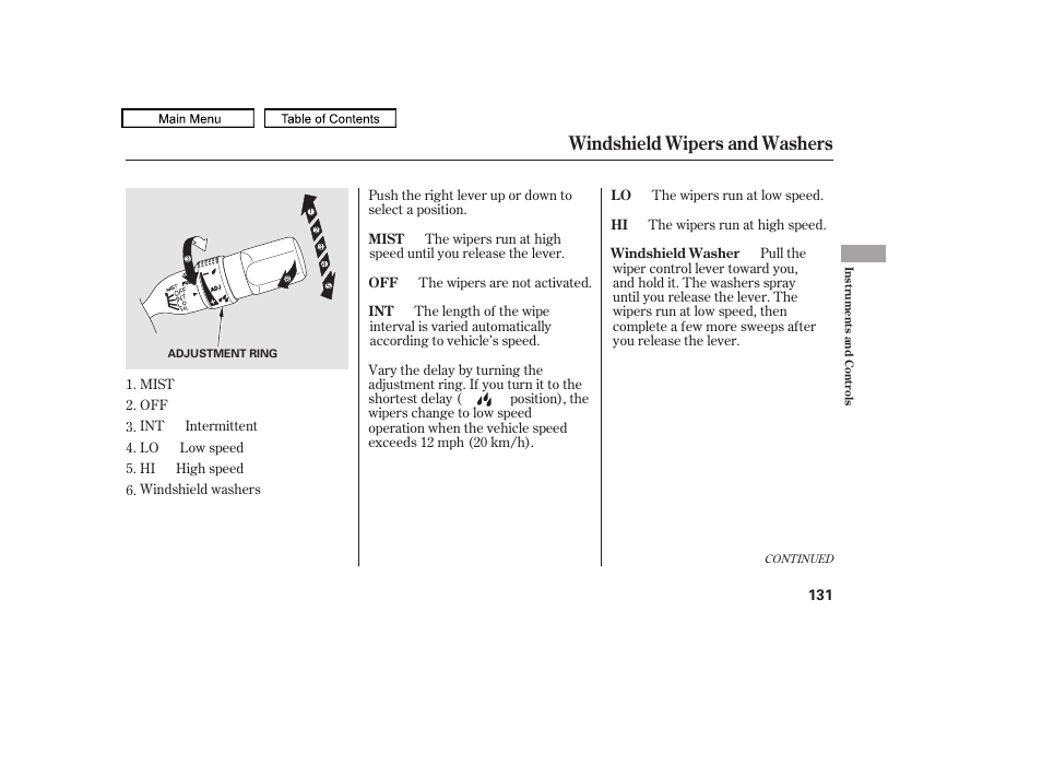 Windshield wipers and washers | Acura 2011 TL User Manual | Page 134 / 614