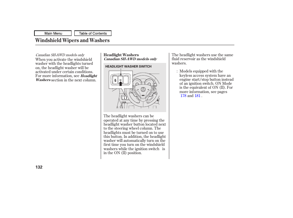 Windshield wipers and washers | Acura 2011 TL User Manual | Page 135 / 614