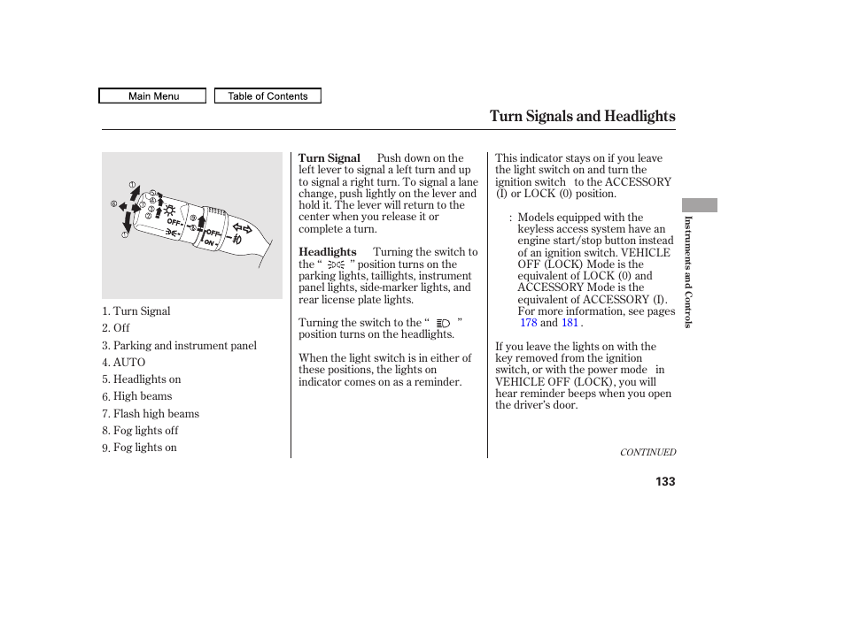 Turn signals and headlights | Acura 2011 TL User Manual | Page 136 / 614