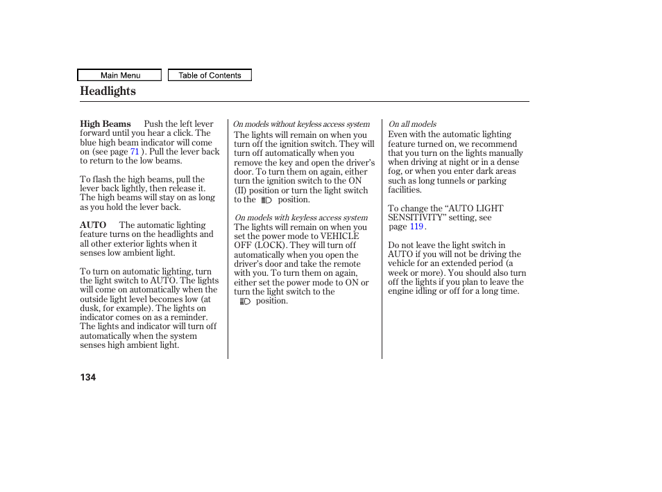 Headlights | Acura 2011 TL User Manual | Page 137 / 614