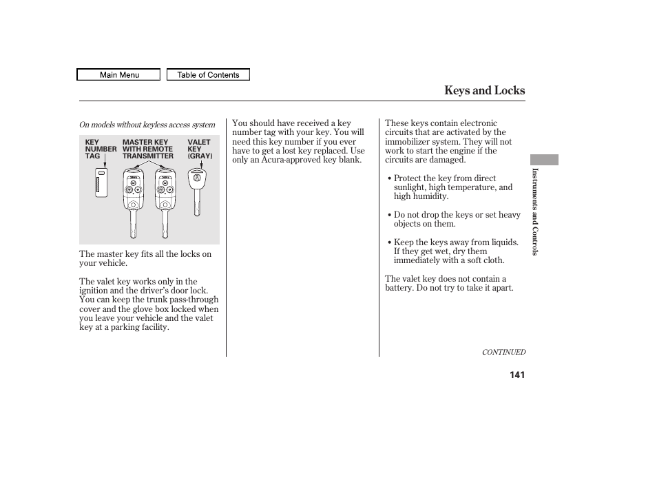 Keys and locks, 2011 tl | Acura 2011 TL User Manual | Page 144 / 614