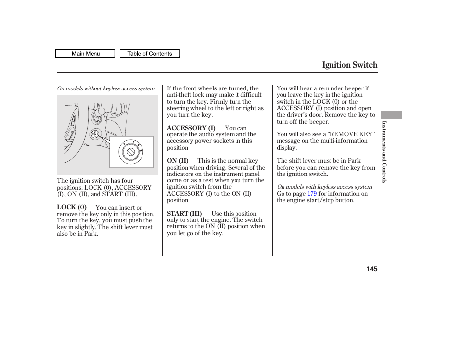 Ignition switch | Acura 2011 TL User Manual | Page 148 / 614