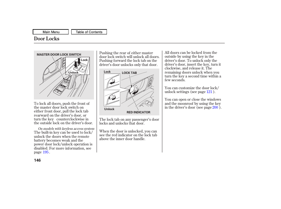 Door locks | Acura 2011 TL User Manual | Page 149 / 614