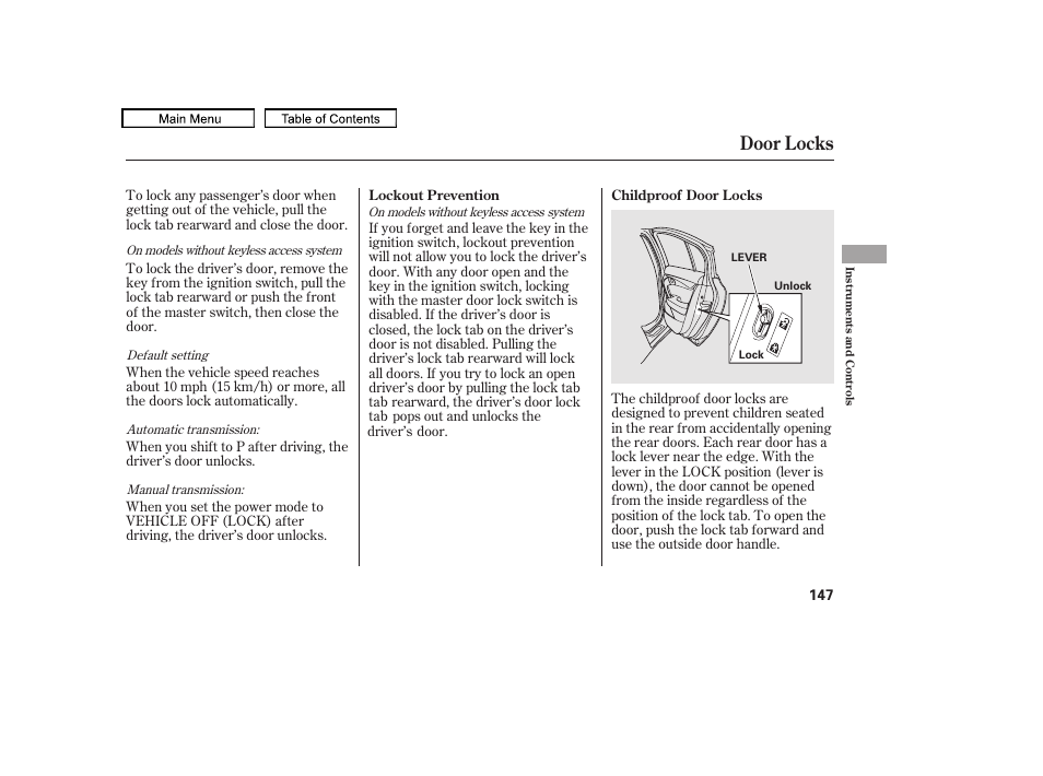 Door locks, 2011 tl | Acura 2011 TL User Manual | Page 150 / 614