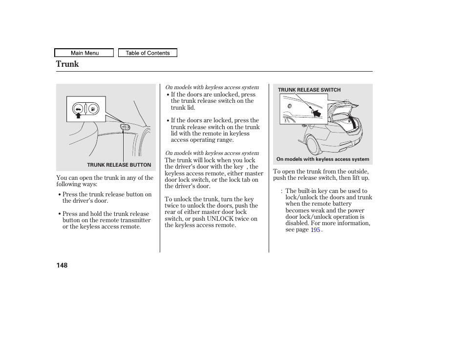 Trunk | Acura 2011 TL User Manual | Page 151 / 614