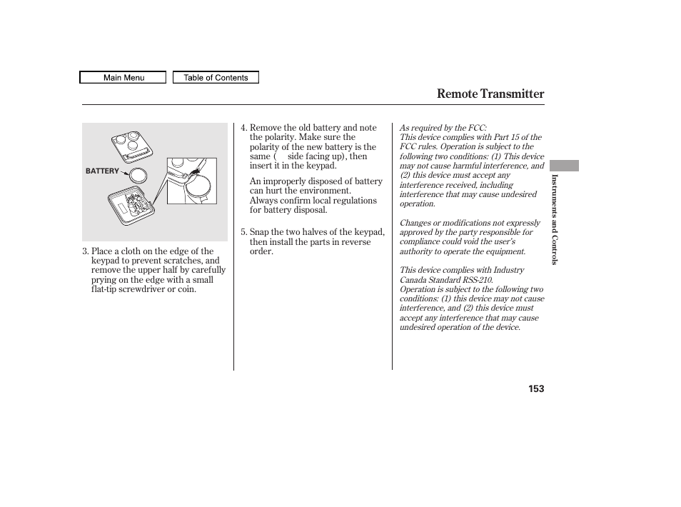 Remote transmitter, 2011 tl | Acura 2011 TL User Manual | Page 156 / 614