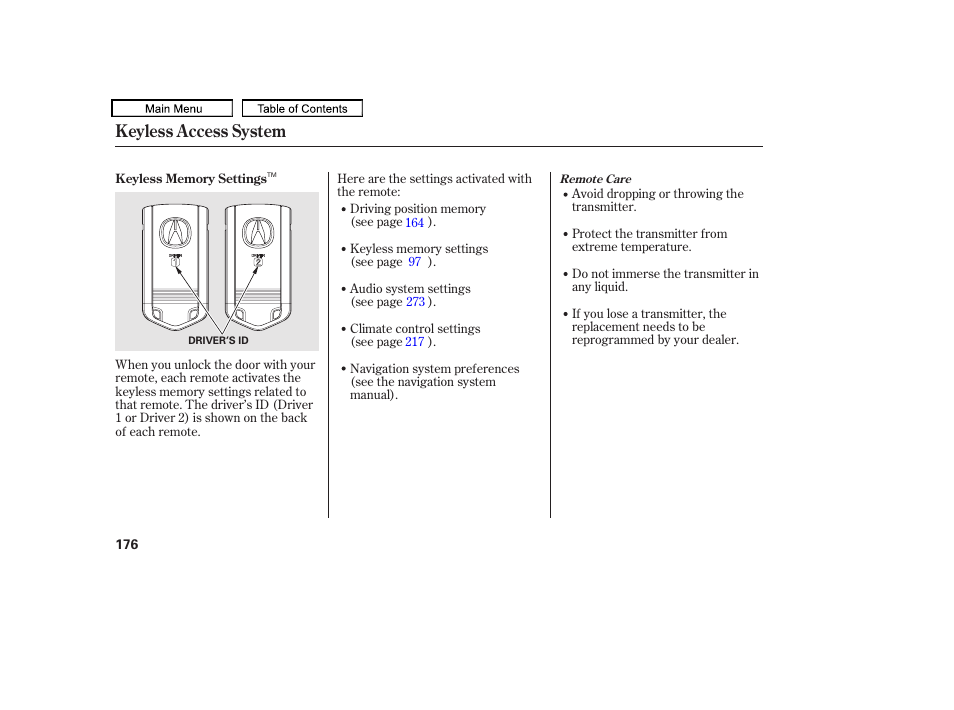 Keyless access system | Acura 2011 TL User Manual | Page 179 / 614