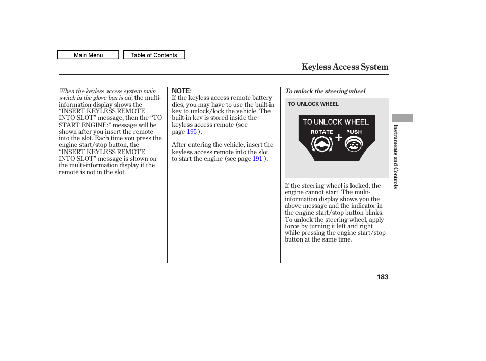 Keyless access system, 2011 tl | Acura 2011 TL User Manual | Page 186 / 614