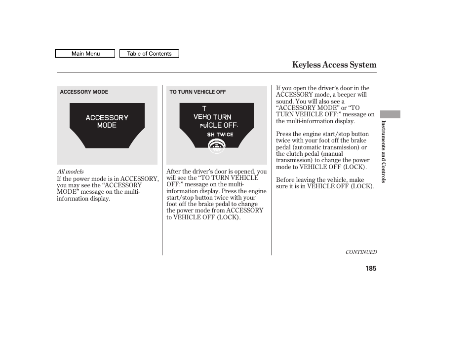 Keyless access system, 2011 tl | Acura 2011 TL User Manual | Page 188 / 614