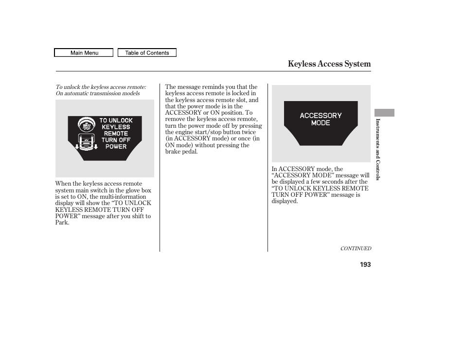 Keyless access system, 2011 tl | Acura 2011 TL User Manual | Page 196 / 614