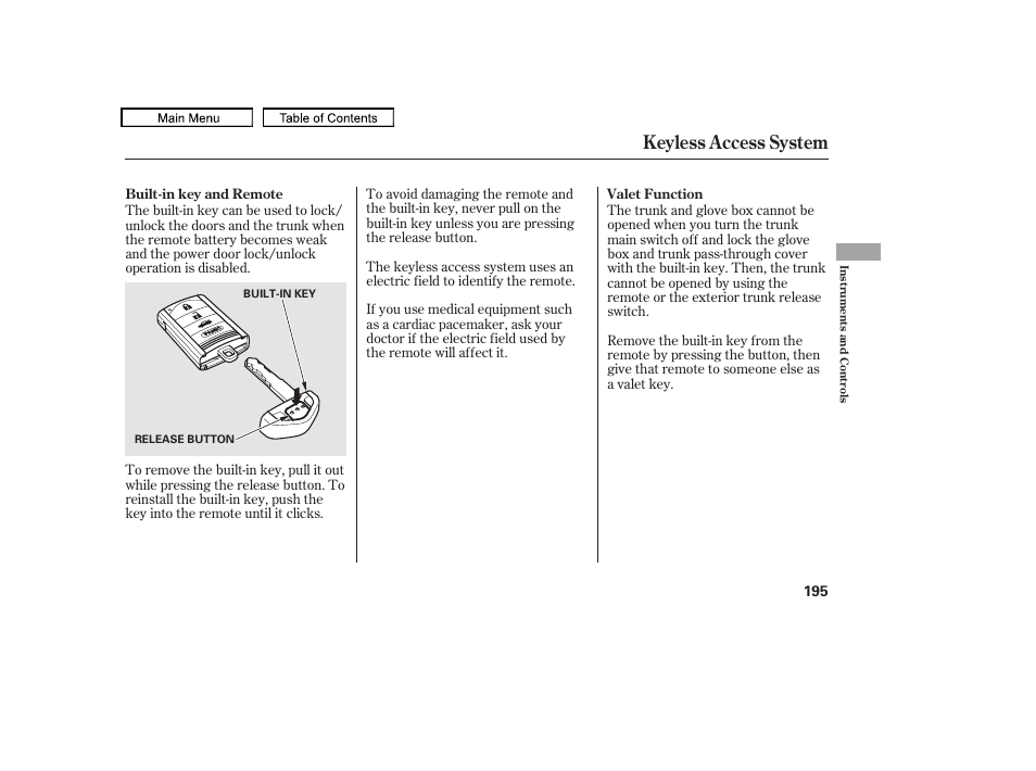 Keyless access system, 2011 tl | Acura 2011 TL User Manual | Page 198 / 614