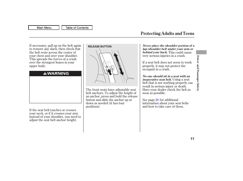 Protecting adults and teens | Acura 2011 TL User Manual | Page 20 / 614