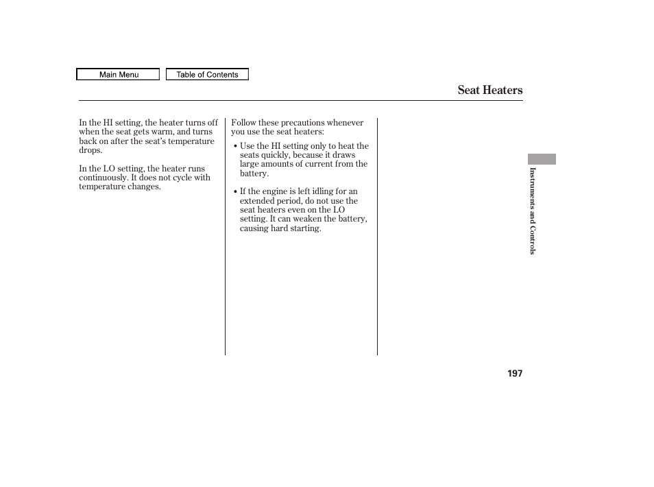 Seat heaters, 2011 tl | Acura 2011 TL User Manual | Page 200 / 614