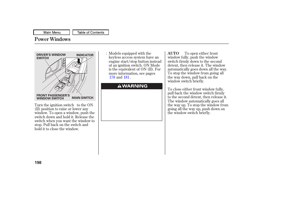 Power windows | Acura 2011 TL User Manual | Page 201 / 614