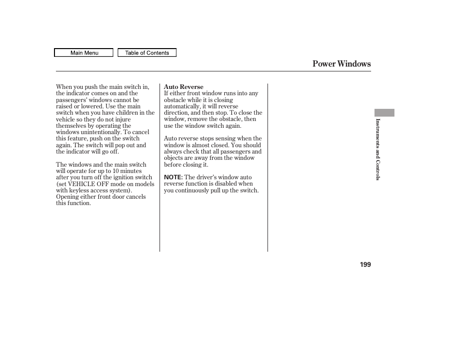 Power windows, 2011 tl | Acura 2011 TL User Manual | Page 202 / 614