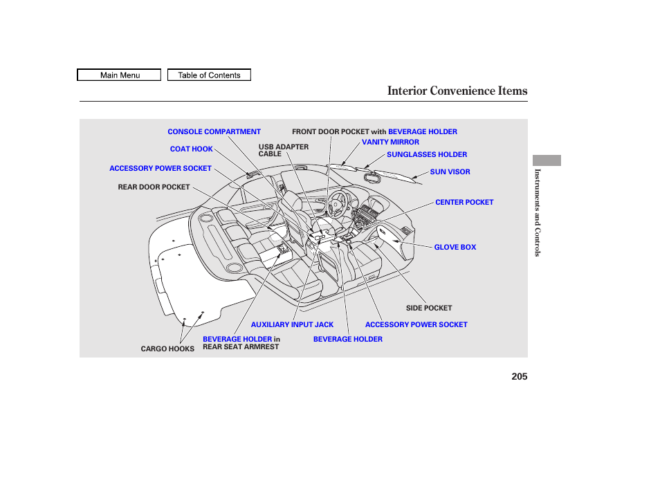 Interior convenience items, 2011 tl | Acura 2011 TL User Manual | Page 208 / 614