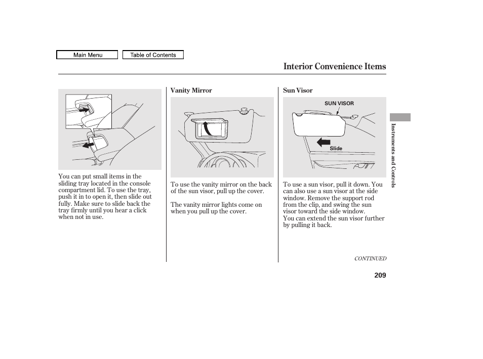 Sun visor, Vanity mirror, Interior convenience items | 2011 tl | Acura 2011 TL User Manual | Page 212 / 614